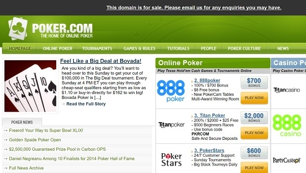 Domínio Poker.com está a venda por US$ 20 milhões
