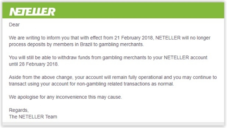 Neteller já não processará depósitos de membros no Brasil para jogos de azar