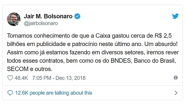 Bolsonaro promete rever contratos de patrocínio e publicidade da Caixa