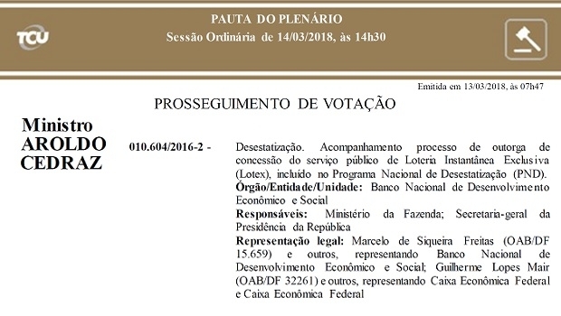 TCU pauta processo da LOTEX para votação em plenário amanhã