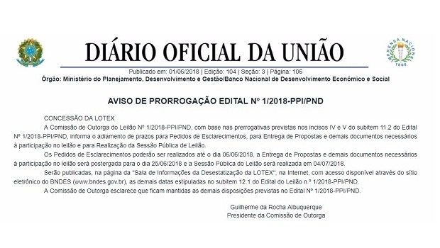 Brazil announces that LOTEX auction is moved to July 4