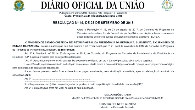 Governo facilita pagamento de outorga para relançar leilão da Lotex
