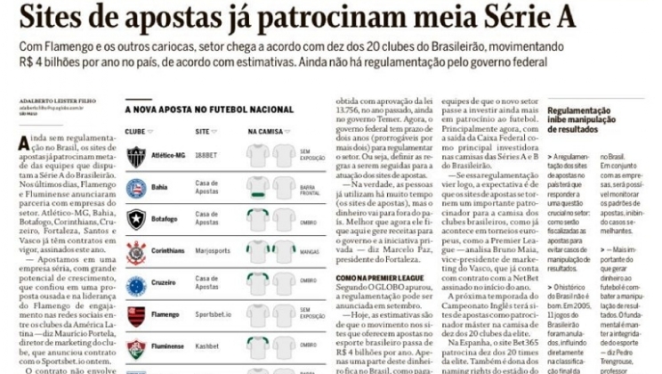 O Globo reflete o boom de patrocínios de sites de apostas no futebol brasileiro