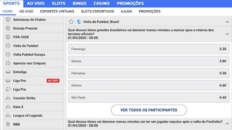 Betcris, Vivagol e Betmotion já permitem apostar em quando as competições esportivas voltarão