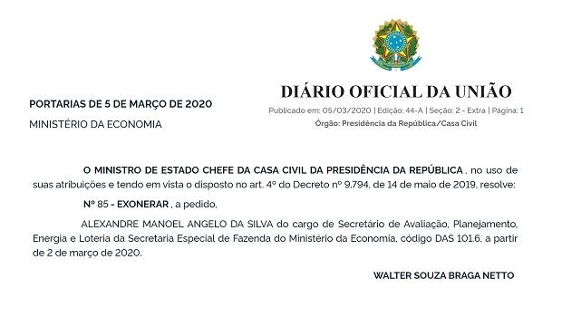 Alexandre Manoel's depature from SECAP is published in Brazil’s Federal Official Gazette