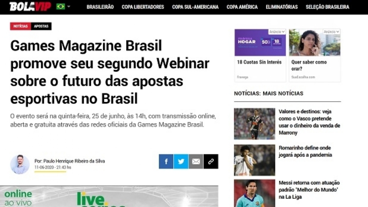 Bolavip destaca o próximo webinar do Games Magazine Brasil sobre apostas esportivas