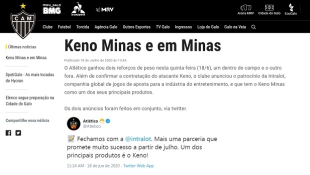 Atlético-MG announced Intralot as new sponsor