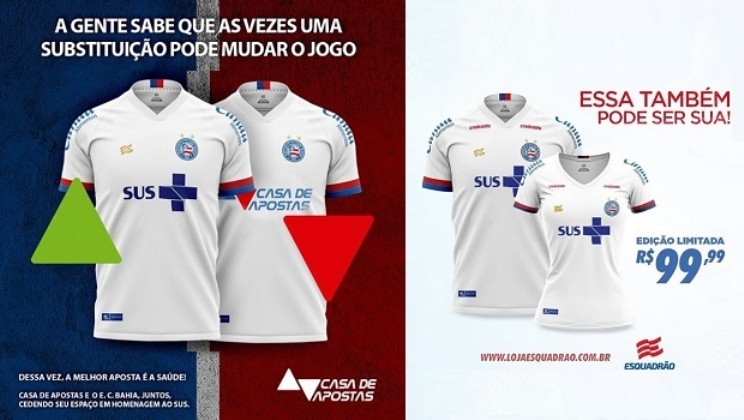 Casa de Apostas cede seu espaço na camisa do Bahia ao Sistema Único de Saúde (SUS)