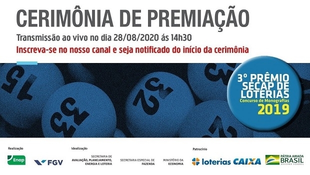 Cerimônia de Premiação do 3º Prêmio Secap Loterias 2019 se transmite pelo YouTube