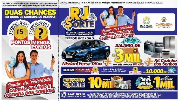 Combo da Felicidade do RJ DA SORTE vai ter sorteio de carrão, salário e muito mais