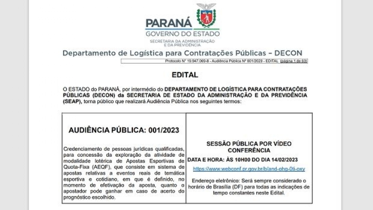 Paraná abre chamamento de audiência pública para concessão das apostas esportivas