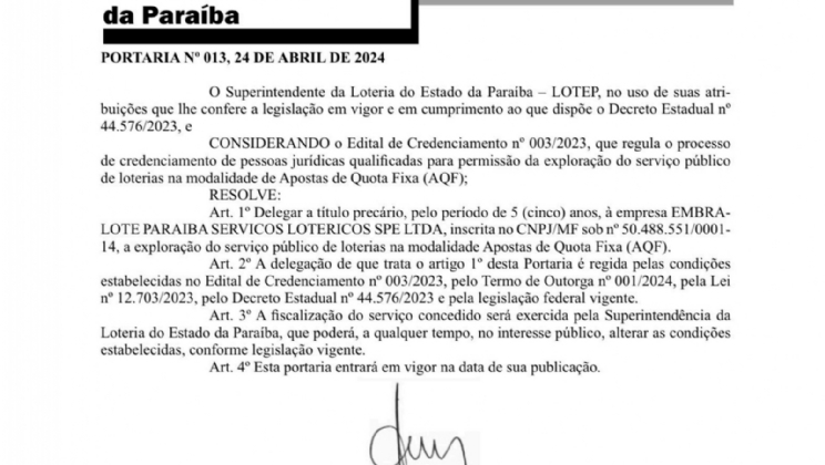 Embralote é a primeira empresa autorizado pela LOTEP para operar apostas e jogos online no Paraíba