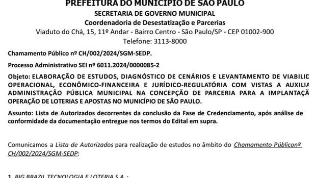 Cidade de São Paulo define 5 empresas para elaborar estudos sobre loteria e apostas esportivas