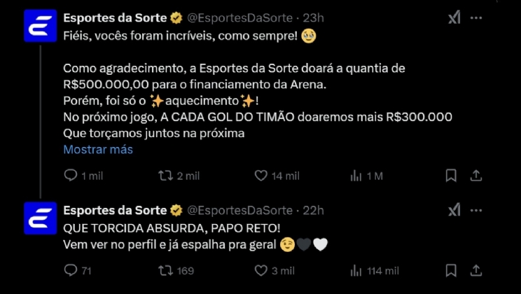 Esportes da Sorte doa meio milhão para a quitação da Arena do Corinthians e promete mais